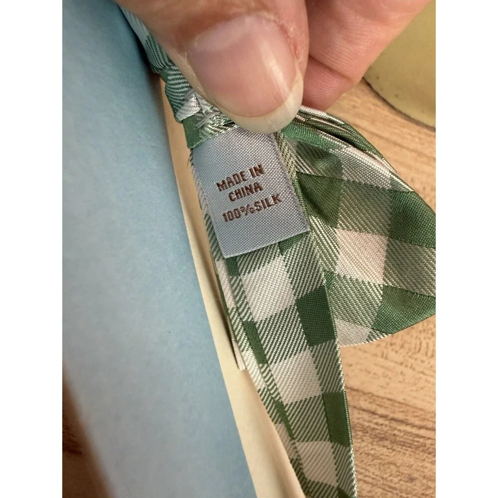 The Class Club Boys Green White Plaid 100% Silk Adjustable Closure Bow Tie
